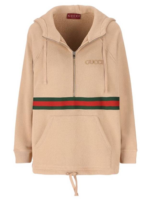 Embroidery Logo Web Stripe Half Zip Hoodie Light Brown - GUCCI - BALAAN 1