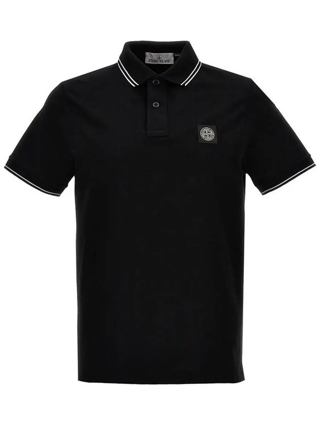 Stretch Cotton Pique Short Sleeve Polo Shirt Black - STONE ISLAND - BALAAN 2