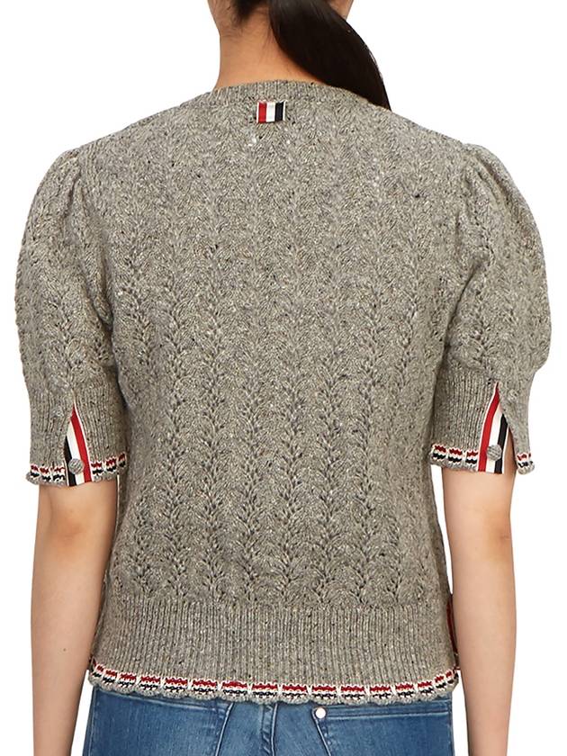 Cable Pointelle Striped Donegal Wool Short Sleeve Cardigan Light Grey - THOM BROWNE - BALAAN 6