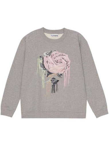 Heavy Fleece Drop Shoulder Flower Sweatshirt Grey - GANNI - BALAAN 1