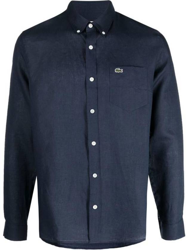 Logo Patch Linen Long Sleeve Shirt Navy - LACOSTE - BALAAN 1