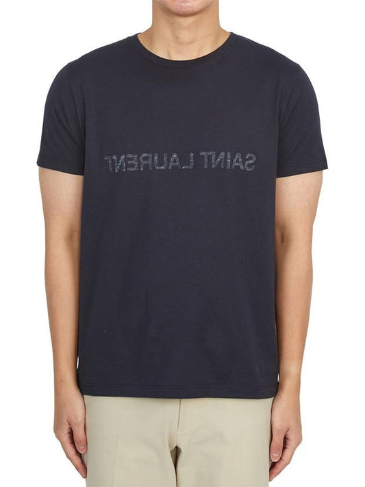 Reverse Logo Print Cotton Short Sleeve T-Shirt Navy - SAINT LAURENT - BALAAN 2