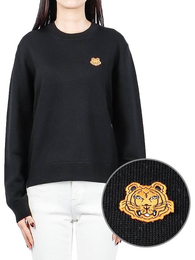 Tiger Patch Wool Long Sleeve Knit Top Black - KENZO - BALAAN.