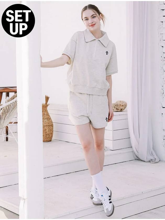 Women's Hank Logo Half Zip Up Short Sleeve T-Shirt Shorts Setup Oatmeal - MACASITE - BALAAN 3