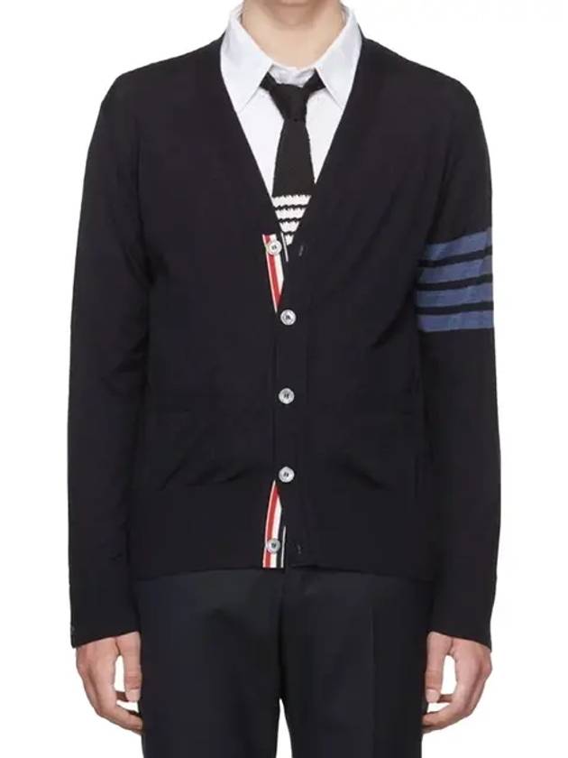 4-Bar Stripe Sustainable Merino Wool Cardigan Navy - THOM BROWNE - BALAAN 3