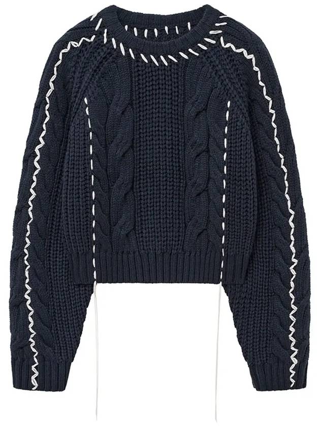 Handmade Cable Cropped Sweater Navy - NOIRER FOR WOMEN - BALAAN 1