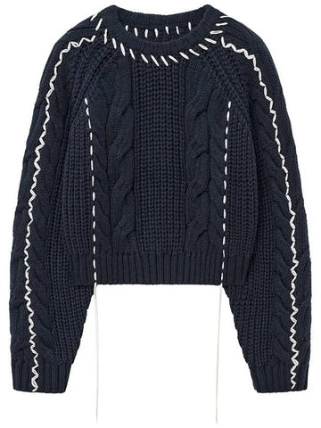 Handmade Cable Cropped Sweater Navy - NOIRER FOR WOMEN - BALAAN 1