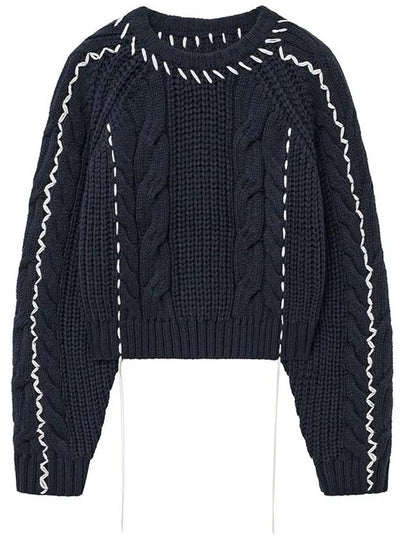 Handmade Cable Cropped Sweater Navy - NOIRER FOR WOMEN - BALAAN 2