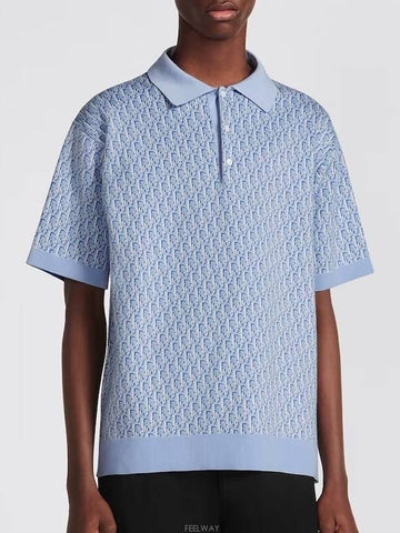 Dior Oblique Polo Shirt Blue Cotton Jacquard - DIOR - BALAAN 1