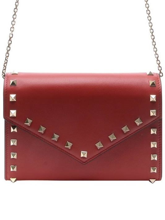 Rockstud Chain Calfskin Shoulder Bag Red - VALENTINO - BALAAN.