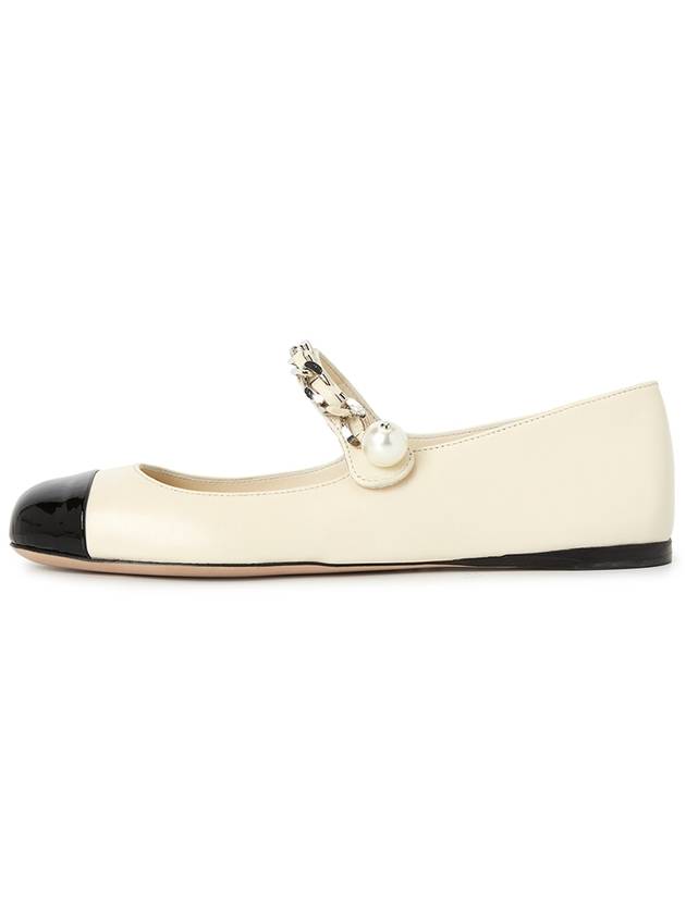 Metal Chain Pearl Leather Ballerinas Ivory Black - MIU MIU - BALAAN 4