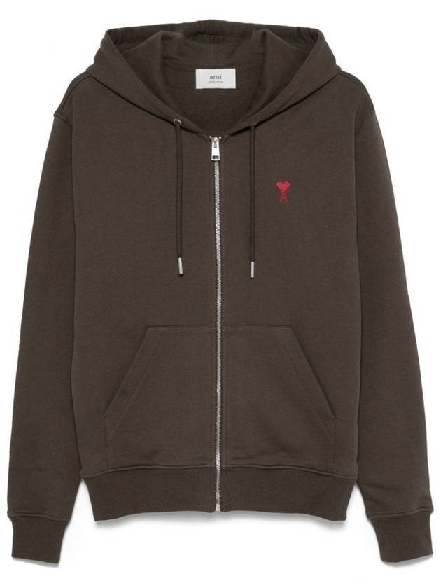 Red Small Heart Logo Cotton Hooded Zip-up Dark Coffee - AMI - BALAAN 2