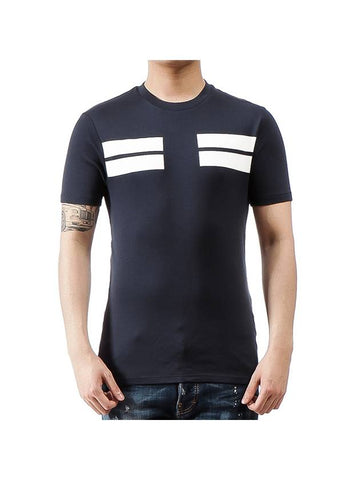 Men's Two-Line Round Short-Sleeved T-Shirt Navy - NEIL BARRETT - BALAAN 1