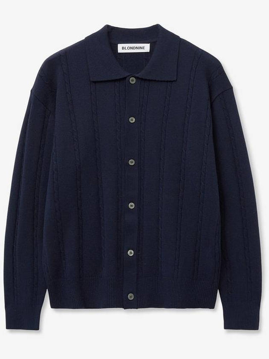 Primary cable collar cardigan_navy - BLONDNINE - BALAAN 1