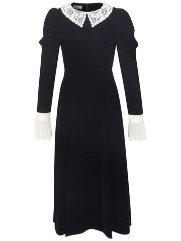 Mouton Sleeve Lace Trim Velvet Long Dress Black - NARU KANG - BALAAN 1