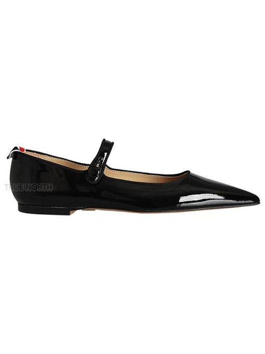 Soft Leather Point Toe Mary Jane Flat Ballerina Shoes Black - THOM BROWNE - BALAAN.