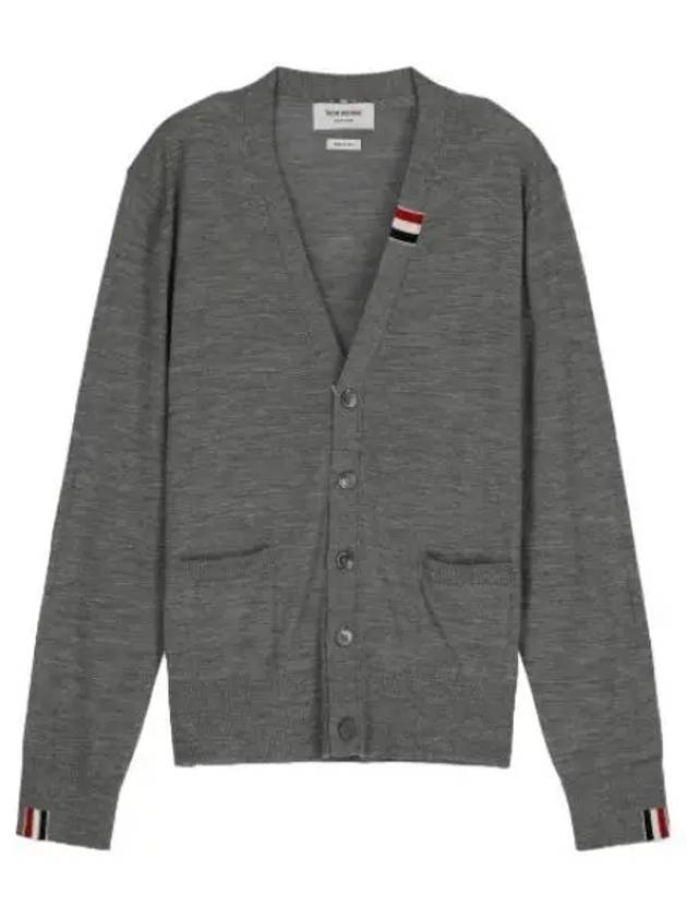 RWB tab detail V neck cardigan gray - THOM BROWNE - BALAAN 1