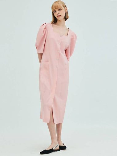 Linen Square Neck Flower Button Dress Pink - OPENING SUNSHINE - BALAAN 1