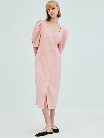 Linen Square Neck Flower Button DressPink - OPENING SUNSHINE - BALAAN 1