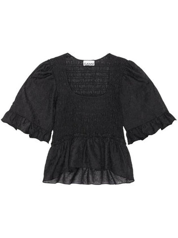 Crinkled Georgette Smock Blouse Black - GANNI - BALAAN 1