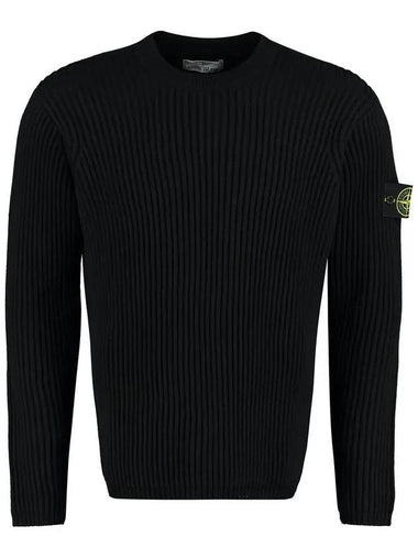 Full Rib Pure Wool Crewneck Knit Top Black - STONE ISLAND - BALAAN 1