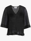 Mock V-Neck Crinkled Blouse Black - GANNI - BALAAN 2