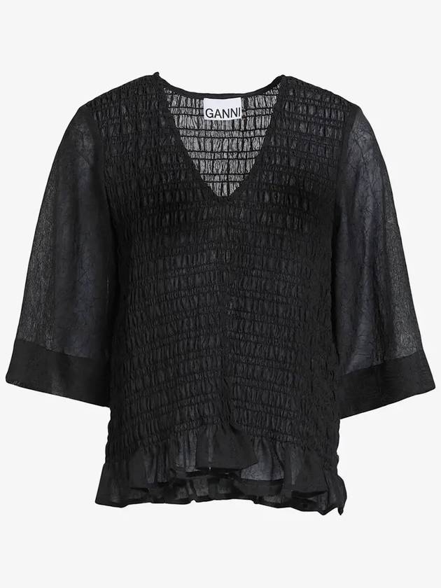 Mock V-Neck Crinkled Blouse Black - GANNI - BALAAN 2