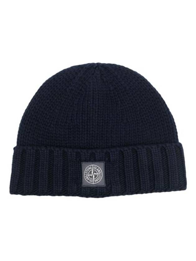 Logo Patch Wool Beanie Navy - STONE ISLAND - BALAAN 2