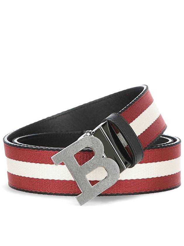 Men's B Buckle Reversible Striped Belt Red Black - BALLY - BALAAN 2