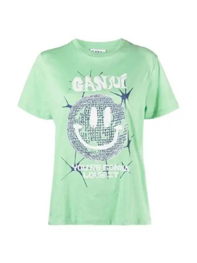 Smiley Relaxation Logo Round Neck Cotton Short Sleeve T-Shirt Green - GANNI - BALAAN 2