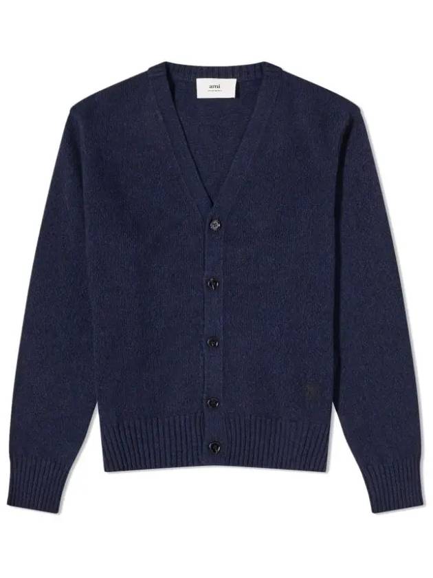 Heart Logo V Neck Cashmere Cardigan Navy - AMI - BALAAN 2