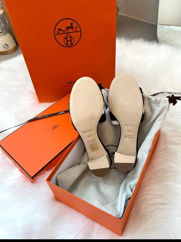 Oasis Calfskin Slipper Heels Noir Piqures Ecrues - HERMES - BALAAN 5