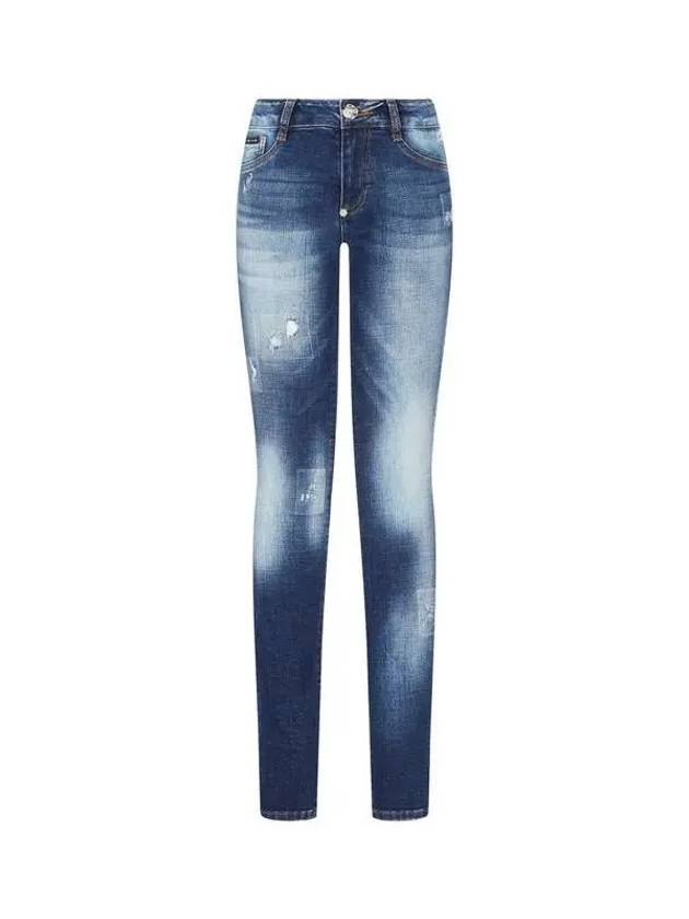 Women s Logo Patch Destroyed Jegging Pants Dark Blue - PHILIPP PLEIN - BALAAN 1