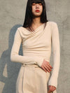 Micro Ribbed Cowl Neck Long Sleeve T-shirt Beige - SORRY TOO MUCH LOVE - BALAAN 2