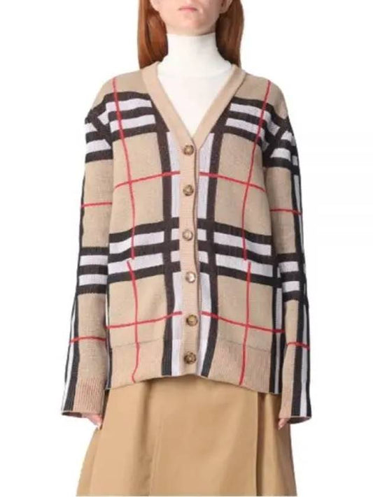 V-Neck Checked Technical Cotton Cardigan Archive Beige - BURBERRY - BALAAN 2