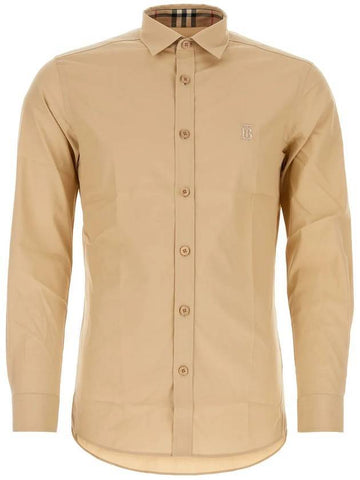 Men's Monogram Motif Stretch Slim Fit Cotton Poplin Long Sleeve Shirt Beige - BURBERRY - BALAAN 1