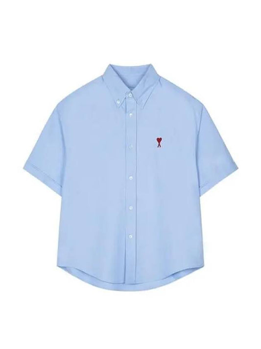 Men's Boxy Fit Logo Embroidered Short Sleeve Shirt Light Blue - AMI - BALAAN 2