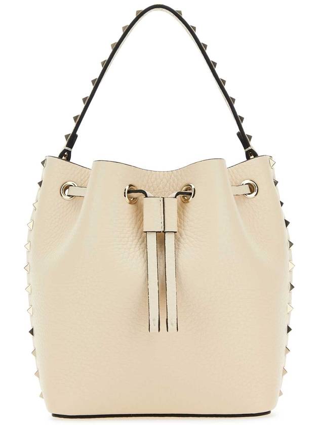 Rockstud Logo Leather Bucket Bag Beige - VALENTINO - BALAAN 1