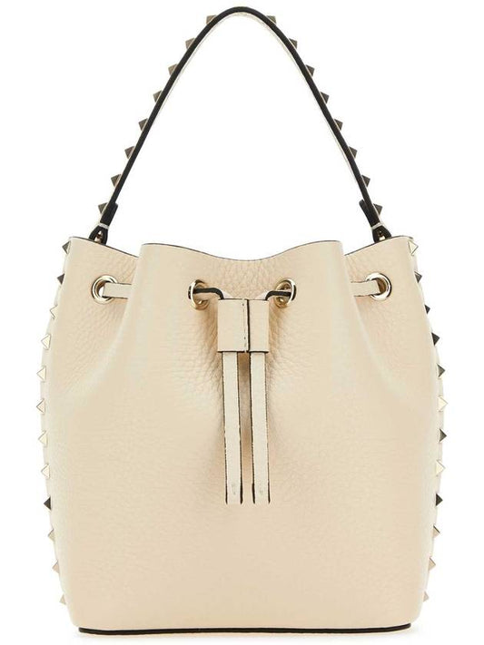 Rockstud Logo Leather Bucket Bag Beige - VALENTINO - BALAAN 1