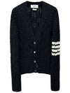 Women's 4 Bar V-neck Cable Merino Wool Cardigan Navy - THOM BROWNE - BALAAN.