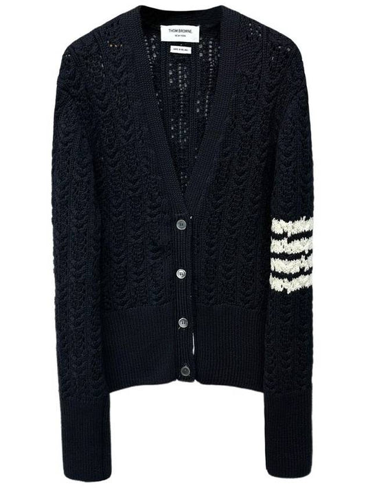 Women's Irish Pointelle Cable 4 Bar V Neck Cardigan Navy - THOM BROWNE - BALAAN 2