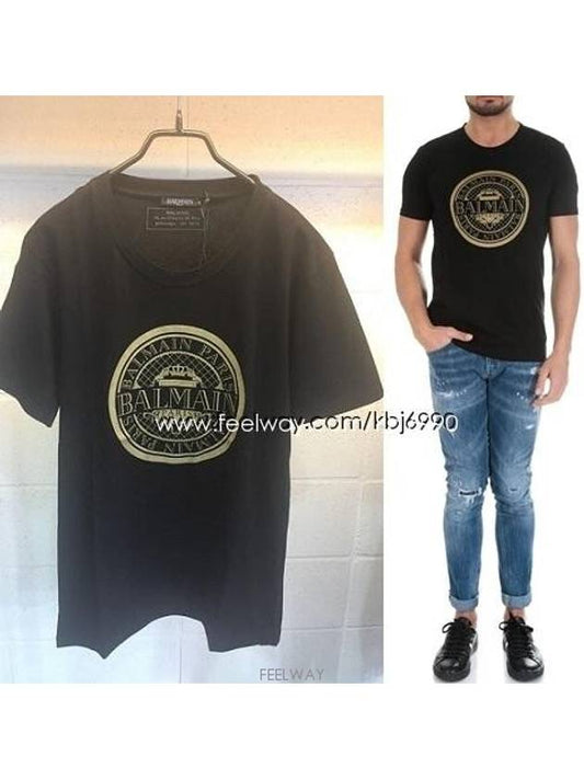 Golden Circle Logo Cotton Short Sleeve T-Shirt Black - BALMAIN - BALAAN.