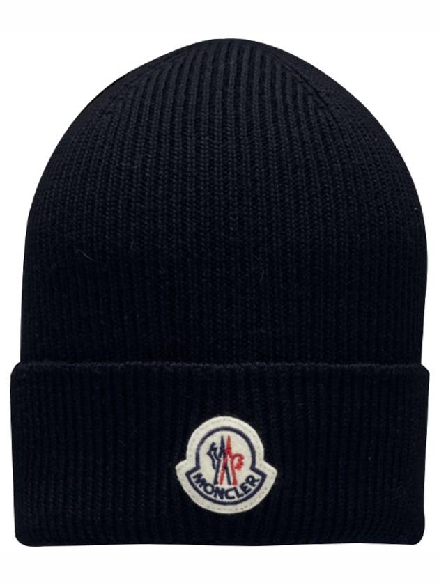 Logo Patch Wool Beanie Navy Blue - MONCLER - BALAAN.