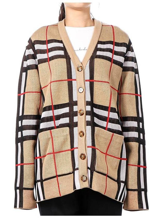 V-Neck Checked Technical Cotton Cardigan Archive Beige - BURBERRY - BALAAN 2