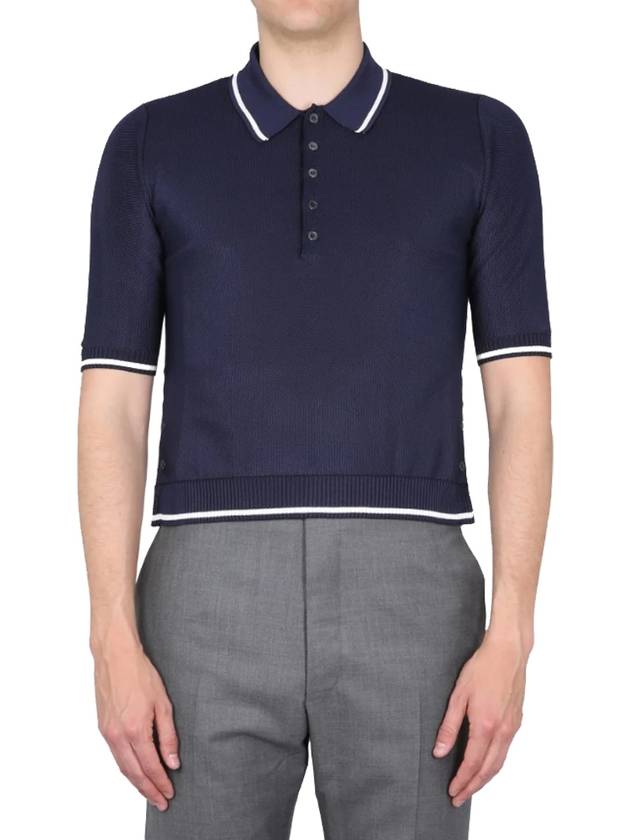 Contrast Trim Silk Cotton Polo Shirt Navy - THOM BROWNE - BALAAN.