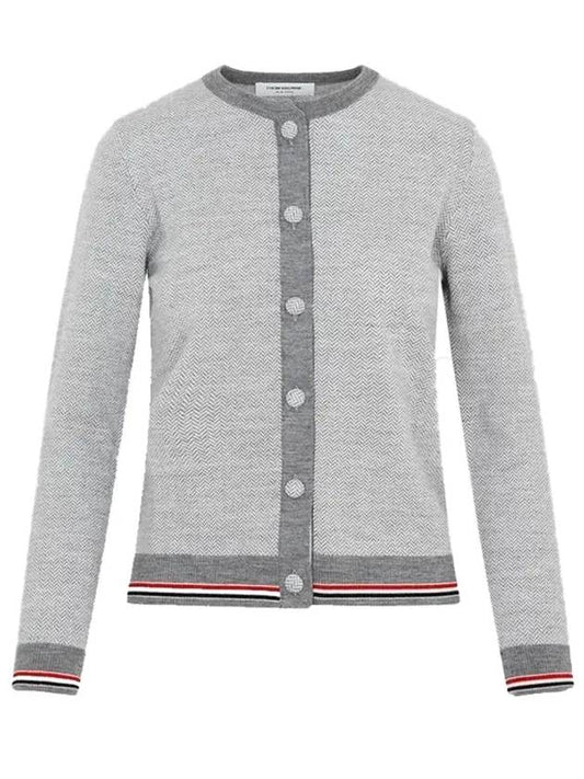 Herringbone Crew Neck Wool Cardigan Light Grey - THOM BROWNE - BALAAN 2