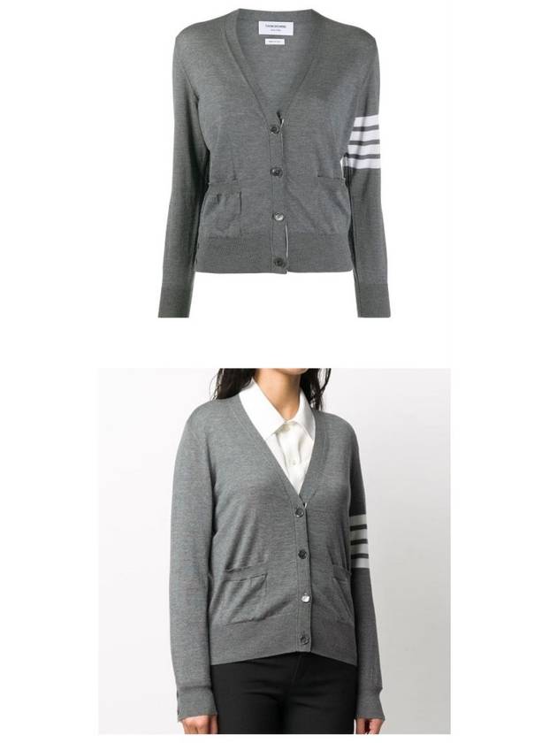 Sustainable Fine Merino Wool 4-Bar Relaxed Fit V-Neck Cardigan Medium Grey - THOM BROWNE - BALAAN 5