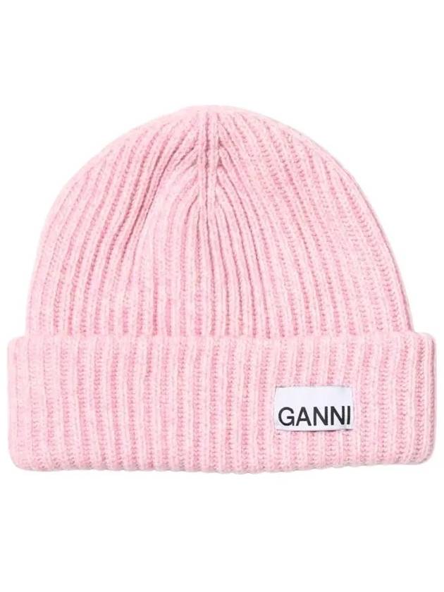 Logo Patch Knit Beanie Pink - GANNI - BALAAN 2