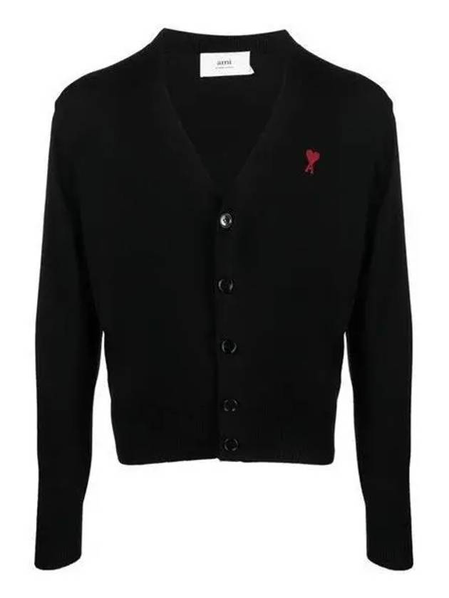 Red Heart Logo Merino Wool Cardigan Black - AMI - BALAAN 2