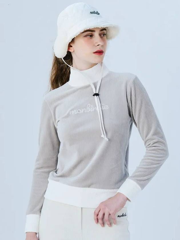 SOFT VELVET STRETCH Velvet ribbed mock neck brushed t-shirt BEIGE - MONBIRDIE GOLF - BALAAN 1